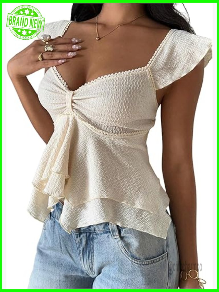 Flowy Going Out Tank Top Sweetheart Neck Cap Sleeve Ruffle Crop Top